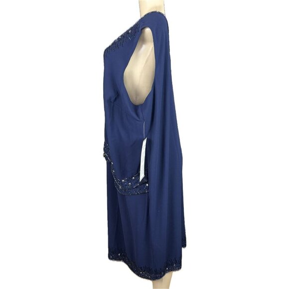 Roaman's 24W Navy Sequin Beaded V-Neck Lined Layers Sleeveless Below Knee Dress - Picture 5 of 6